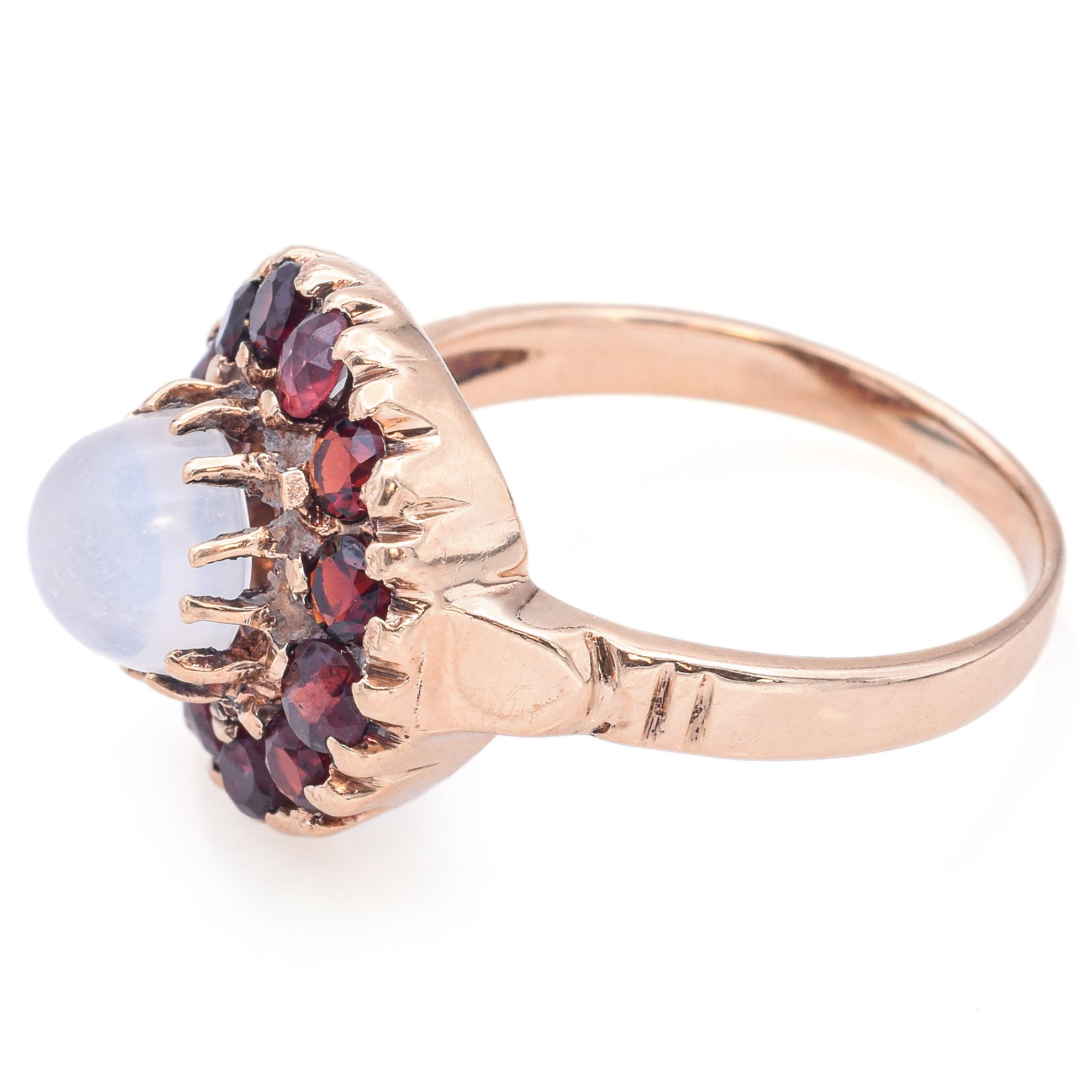 Vintage 14K Yellow Gold Moonstone & Garnet Round Cocktail Ring Size 8