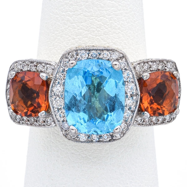 Estate Blue Topaz, Citrine & 1.13 TCW Diamond 14K Yellow Gold Ring Size 5.5