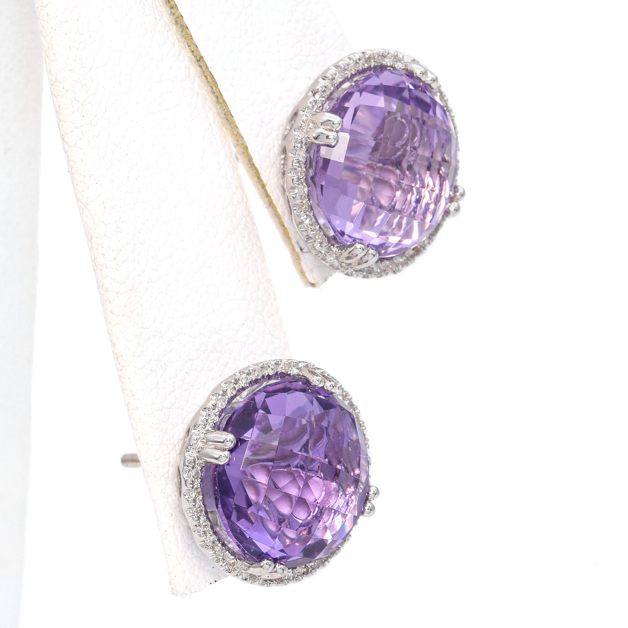 14K White Gold Checkerboard Cut 0.86 Ct. Amethyst, Diamond Halo Stud Earrings