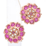 15K Yellow Gold 0.71 TCW Pink Ruby and Pearl Flower Stud Earrings