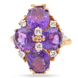 18K Yellow Gold 6.72 TCW Amethyst and Diamond Leaf Setting Cocktail Ring