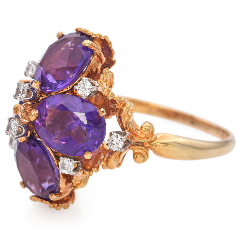 18K Yellow Gold 6.72 TCW Amethyst and Diamond Leaf Setting Cocktail Ring