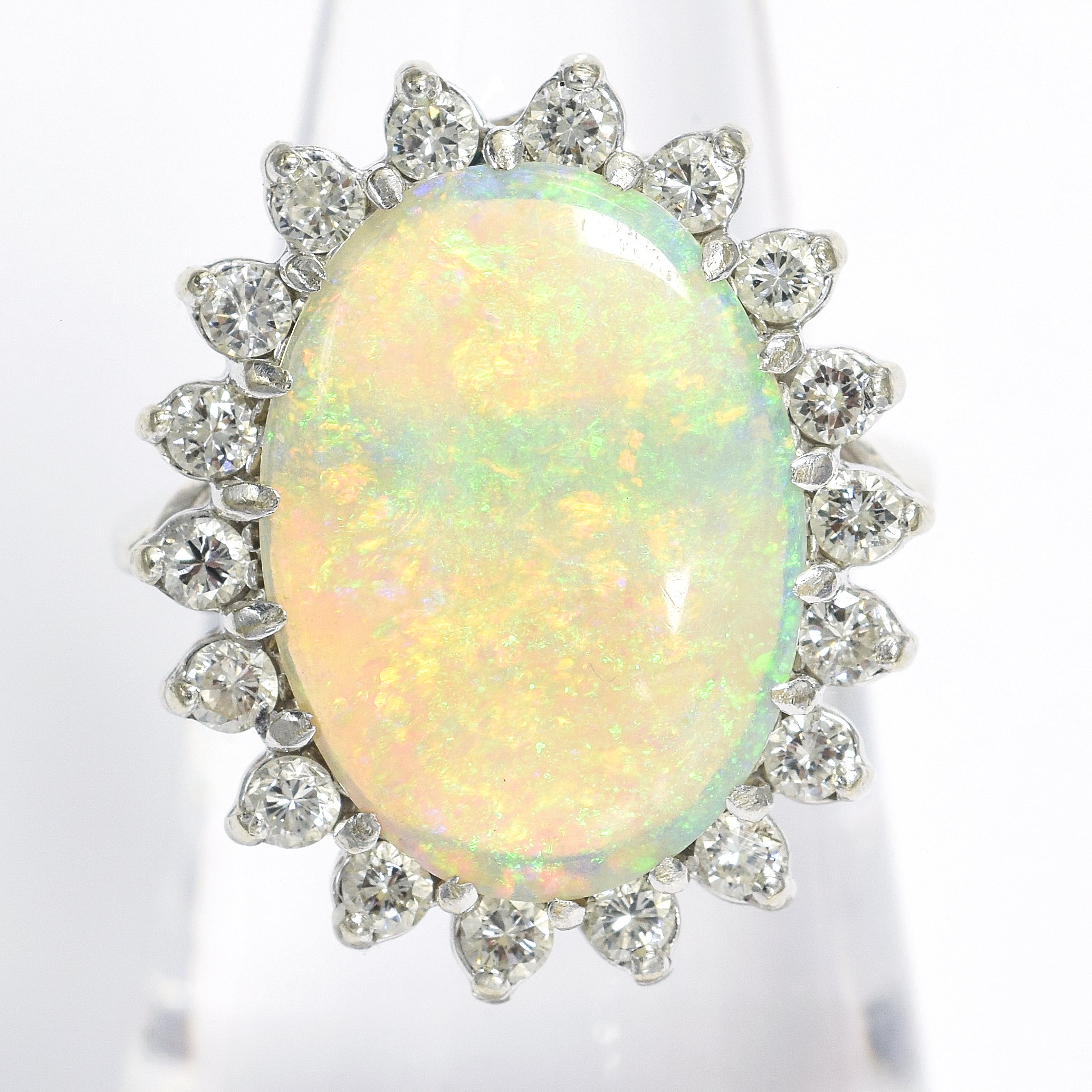 Vintage 14K White Gold 7.13 Ct Opal & 1.00 TCW Diamond Cocktail Ring Size 5.75