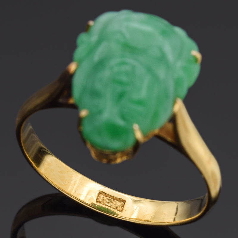 Vintage Green Jade 18K Yellow Gold Carved Buddha Band Ring Size 5.5