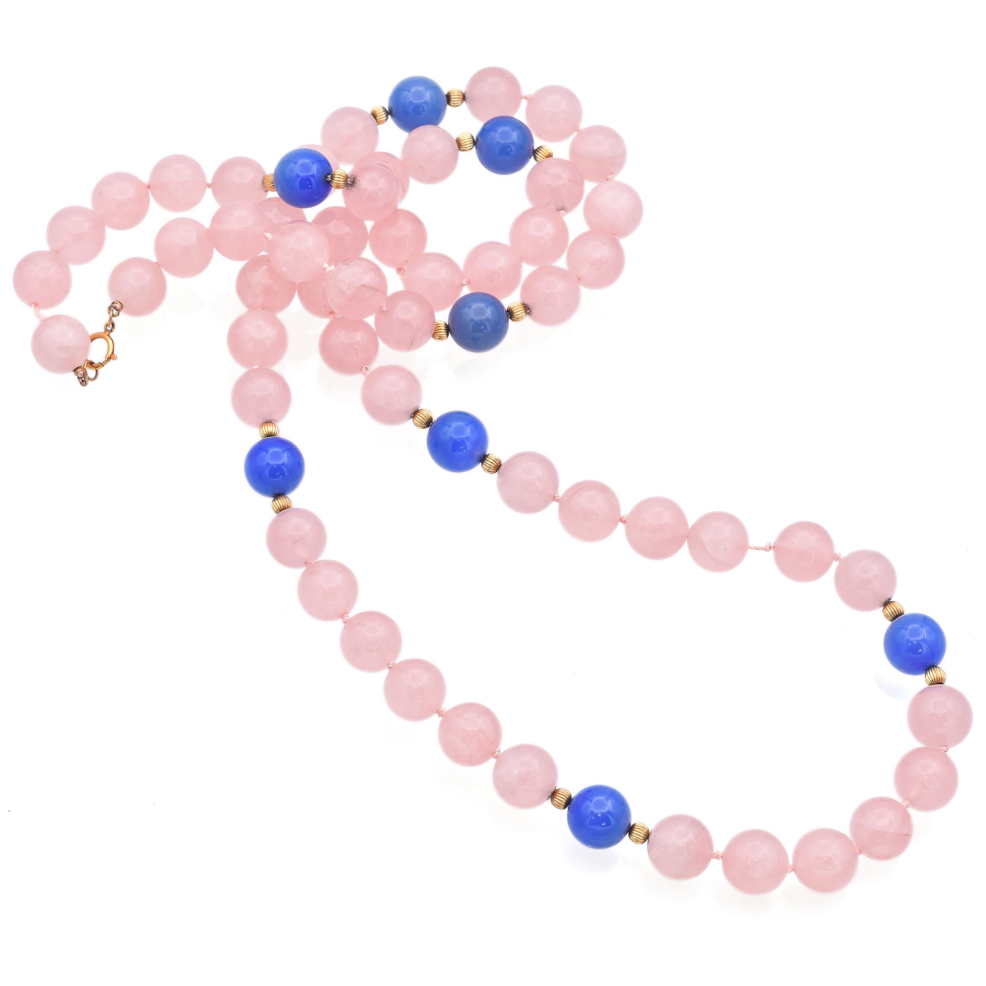 Vintage 14K Yellow Gold Rose Quartz & Blue Chalcedony Beaded Strand Necklace