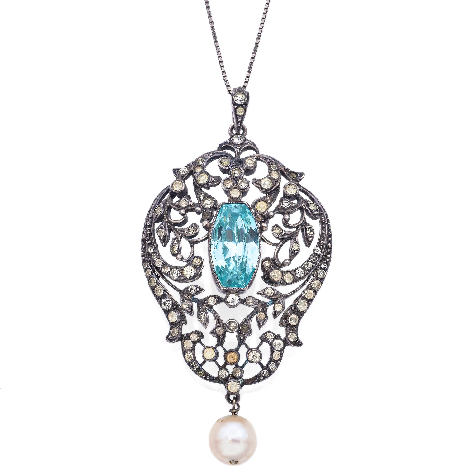 Antique French Sterling Silver Aqua Crystal, Paste & Pearl Pendant Necklace