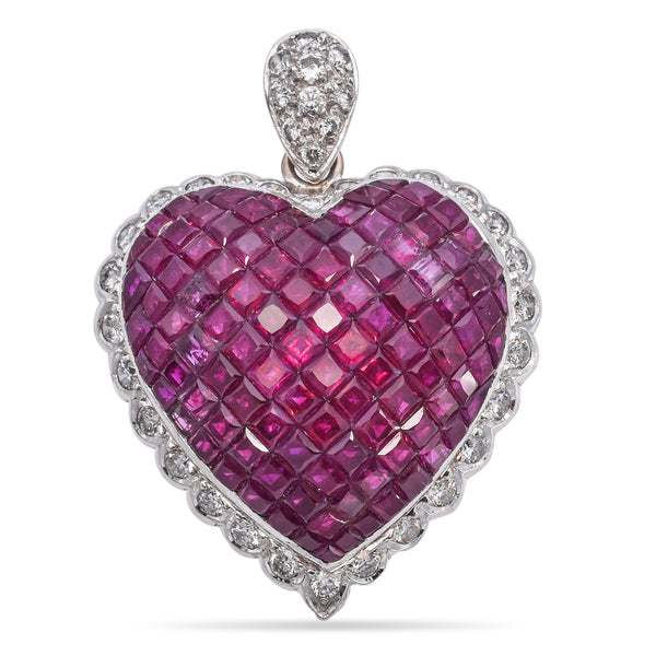 18K White Gold Invisible Set 4.0 TCW Princess Ruby & Diamond Heart Pendant