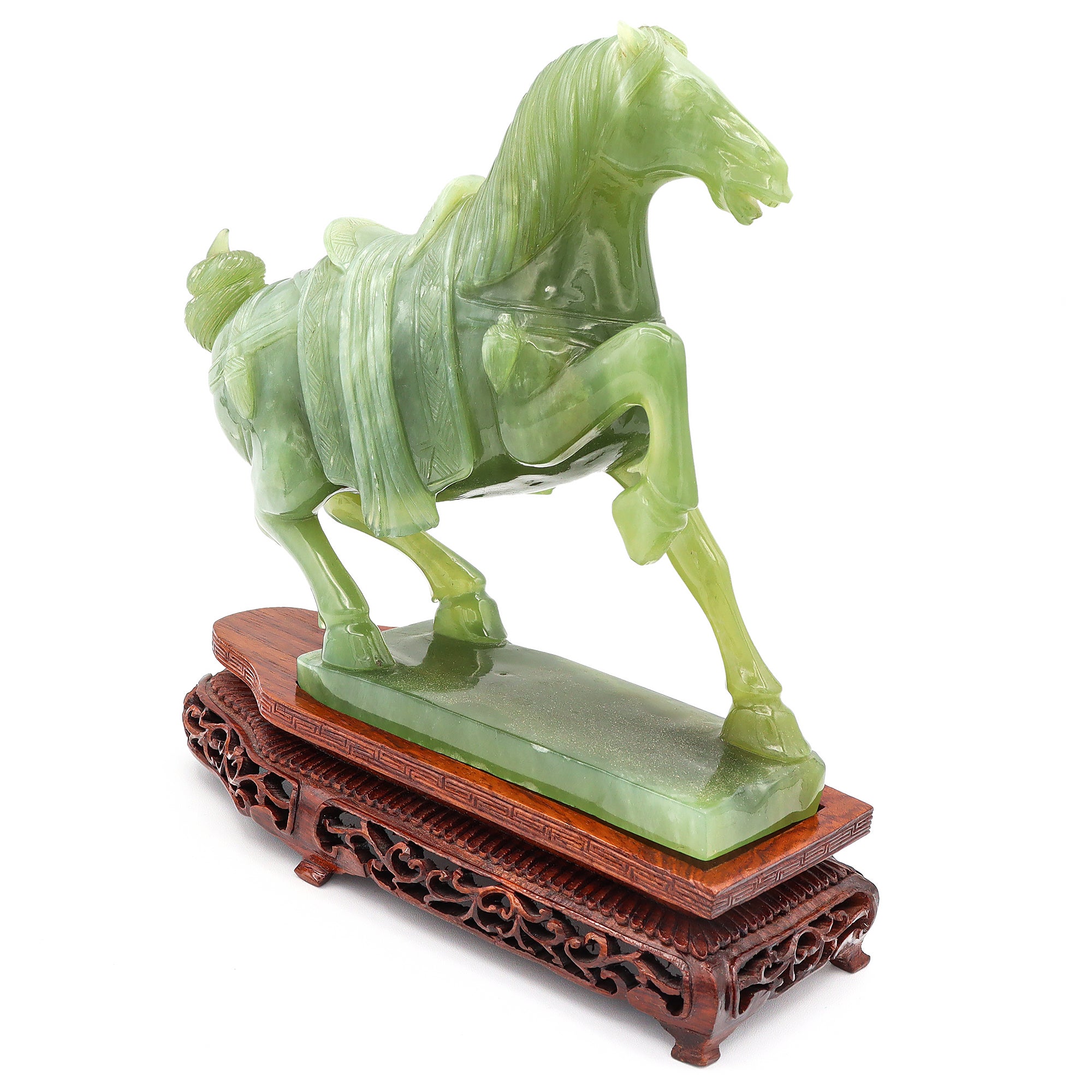 Vintage Carved Serpentine Horse Figurine with Wooden Stand 3.7lbs 8.5"x7"x2.5"