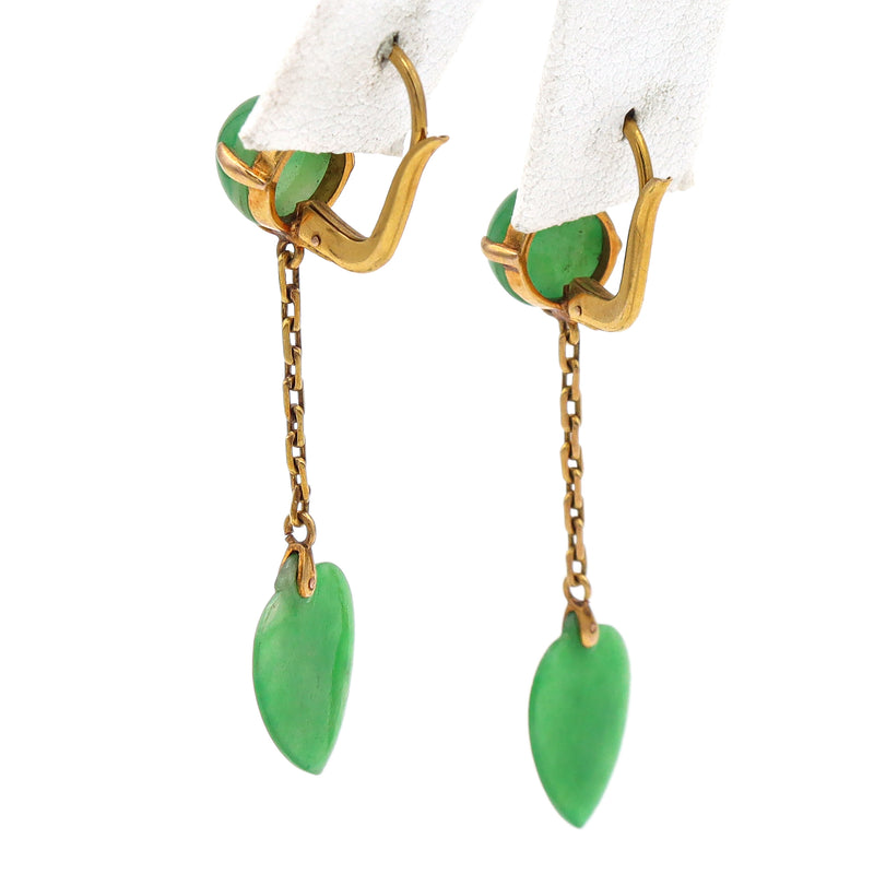 Vintage 18K Yellow Gold Jade Lever Back Dangle Heart Earrings