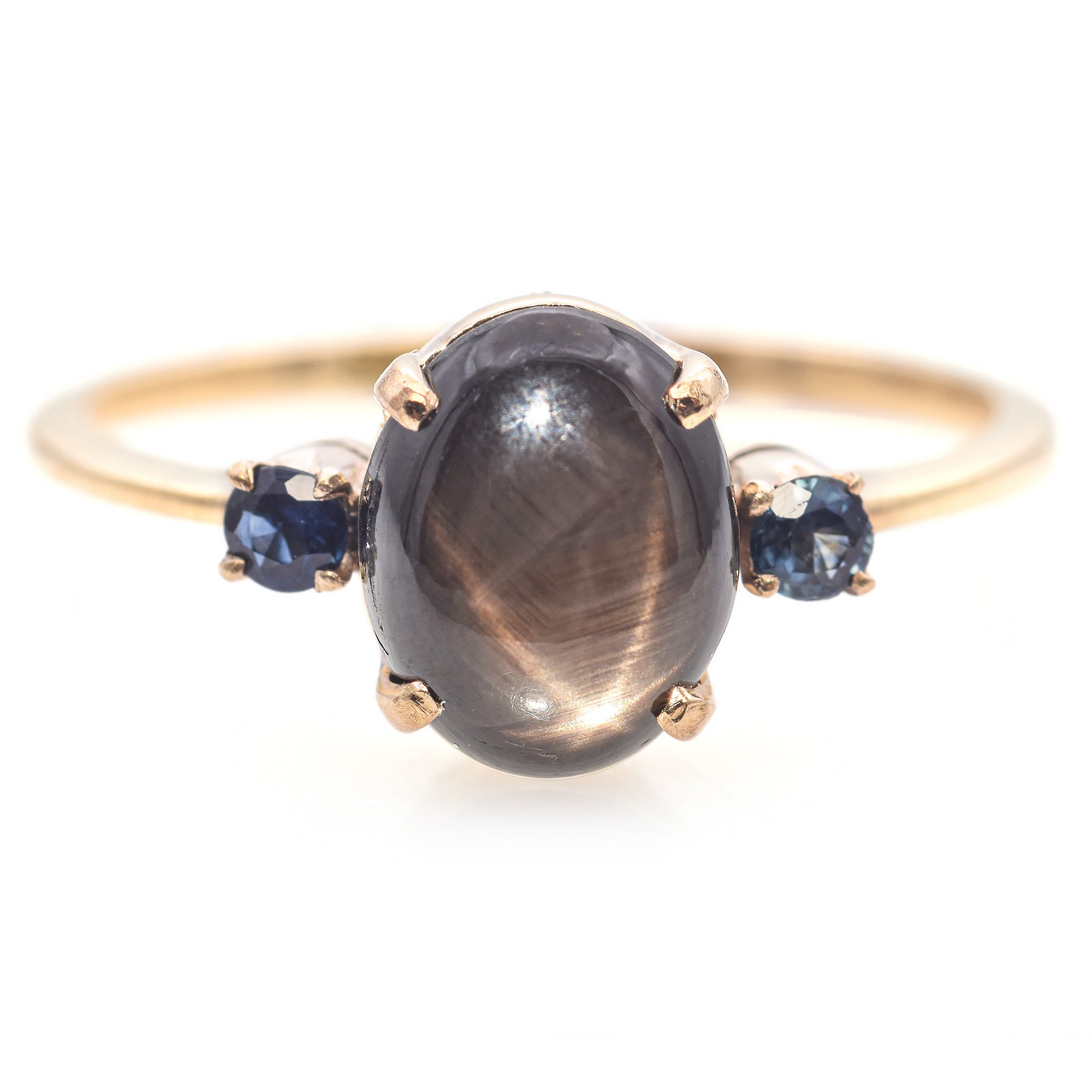 10K Yellow Gold Black Star Sapphire Cabochon and Accent Round Sapphire Ring