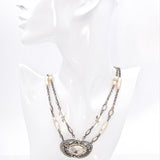 Antique Silver Faux Pearl and Crystal Pendant Double Strand Necklace