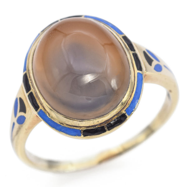 Vintage 14K Yellow Gold Art Deco Oval Cabochon Agate and Enamel Cocktail Ring