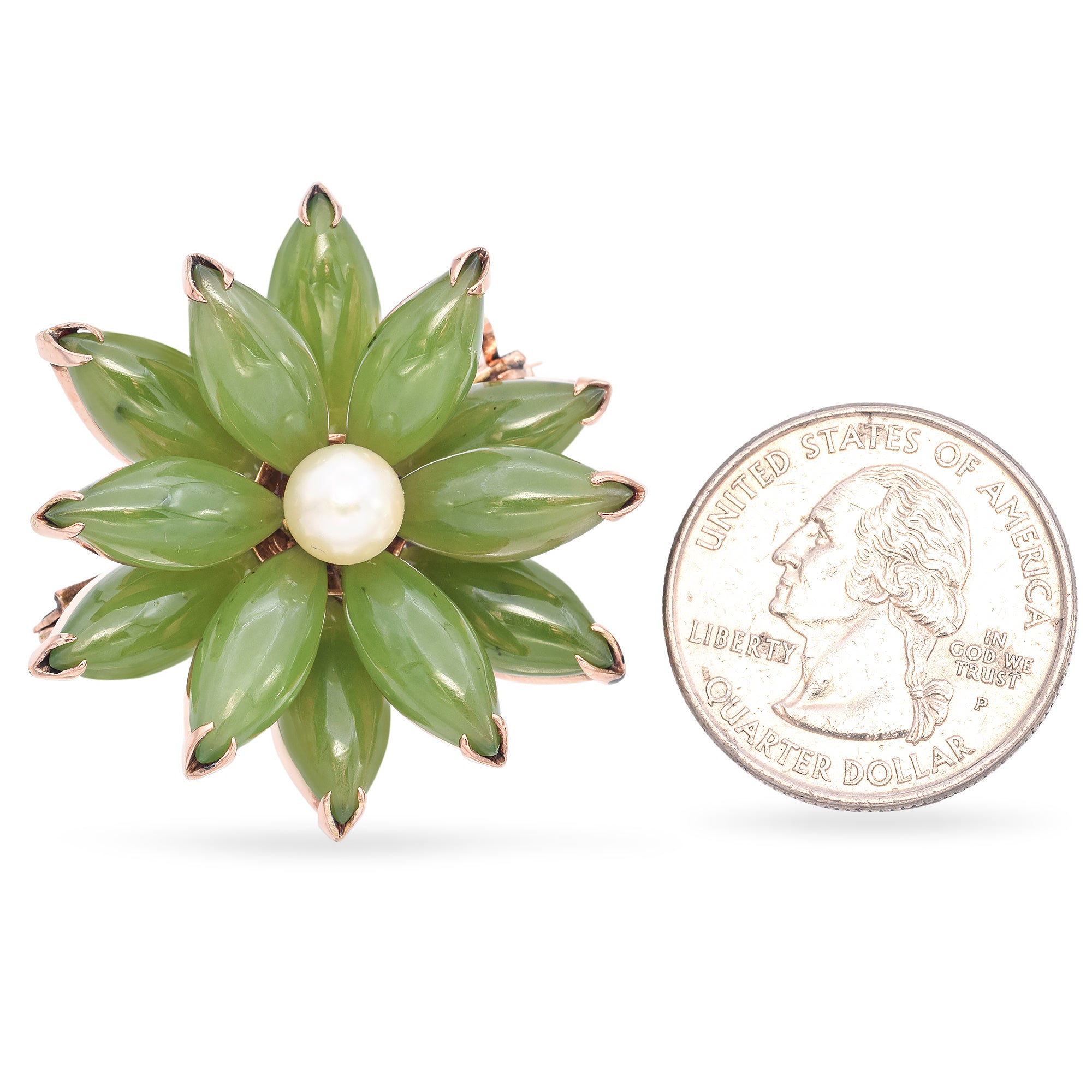 Vintage Yellow Gold Green Jade and Pearl Flower Brooch