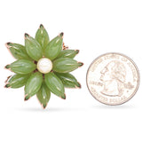 Vintage Yellow Gold Green Jade and Pearl Flower Brooch