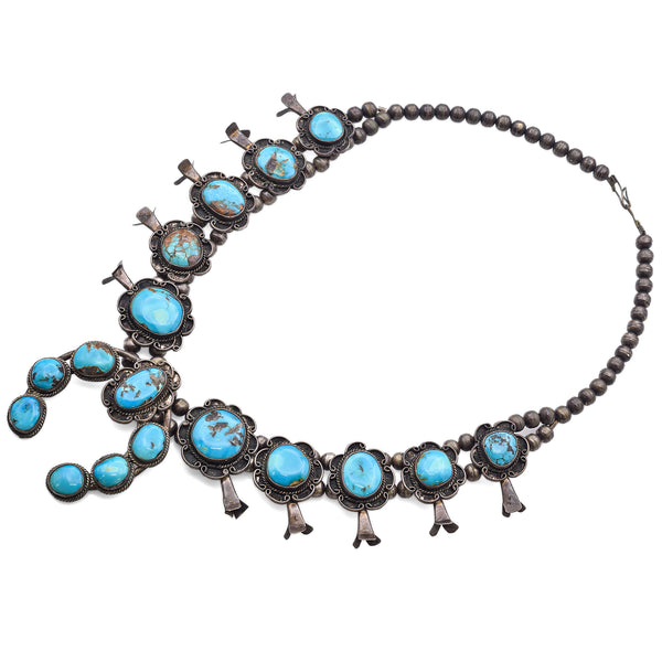 Vintage Navajo Silver Turquoise Squash Blossom Necklace