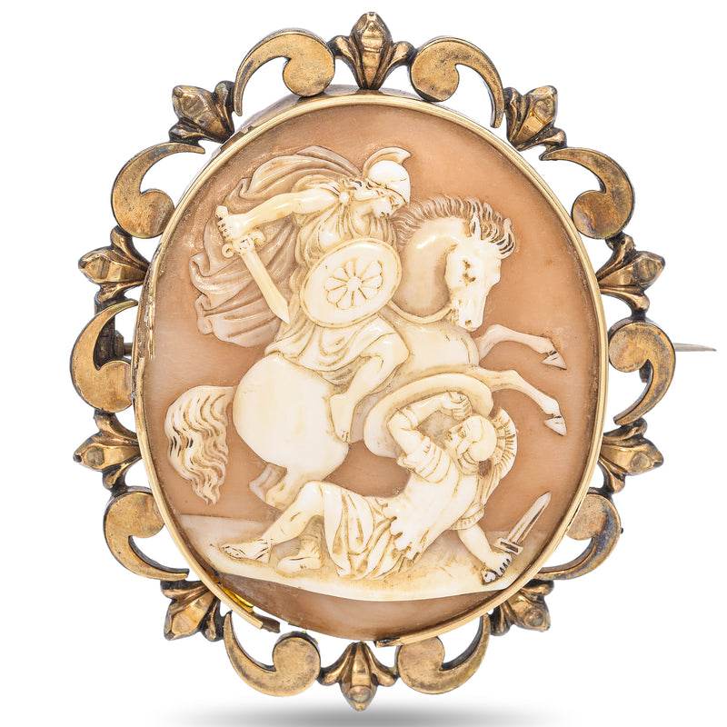 Antique Yellow Gold Cameo Trojan War Scene Brooch