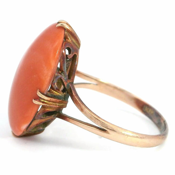 Vintage 12K Rose Gold Salmon Coral Cocktail Ring, Size 6.25