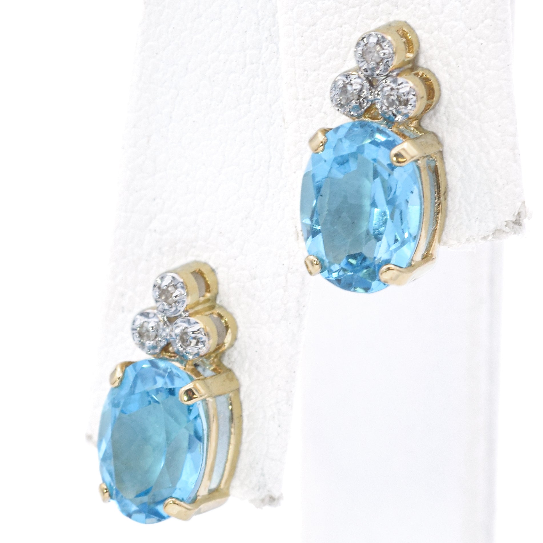 Estate 14K Yellow Gold Blue Topaz & Diamond Stud Earrings