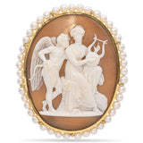 Antique Yellow Gold & Pearl Cameo Venus Playing Lyre Eros Listening Brooch