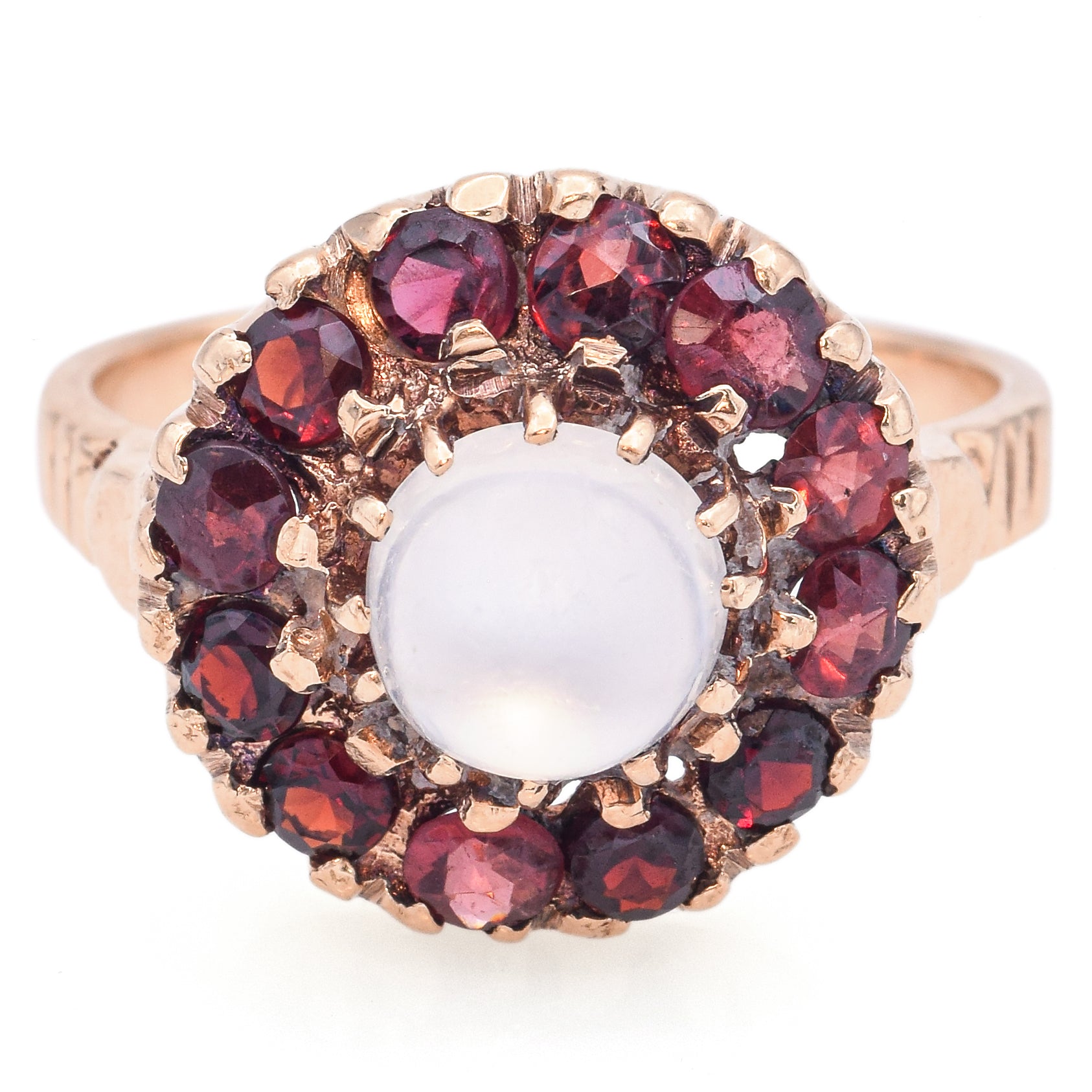 Vintage 14K Yellow Gold Moonstone & Garnet Round Cocktail Ring Size 8