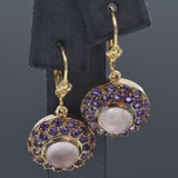 Vintage 14K Yellow Gold Amethyst & Rose Quartz Leverback Dangle Earrings