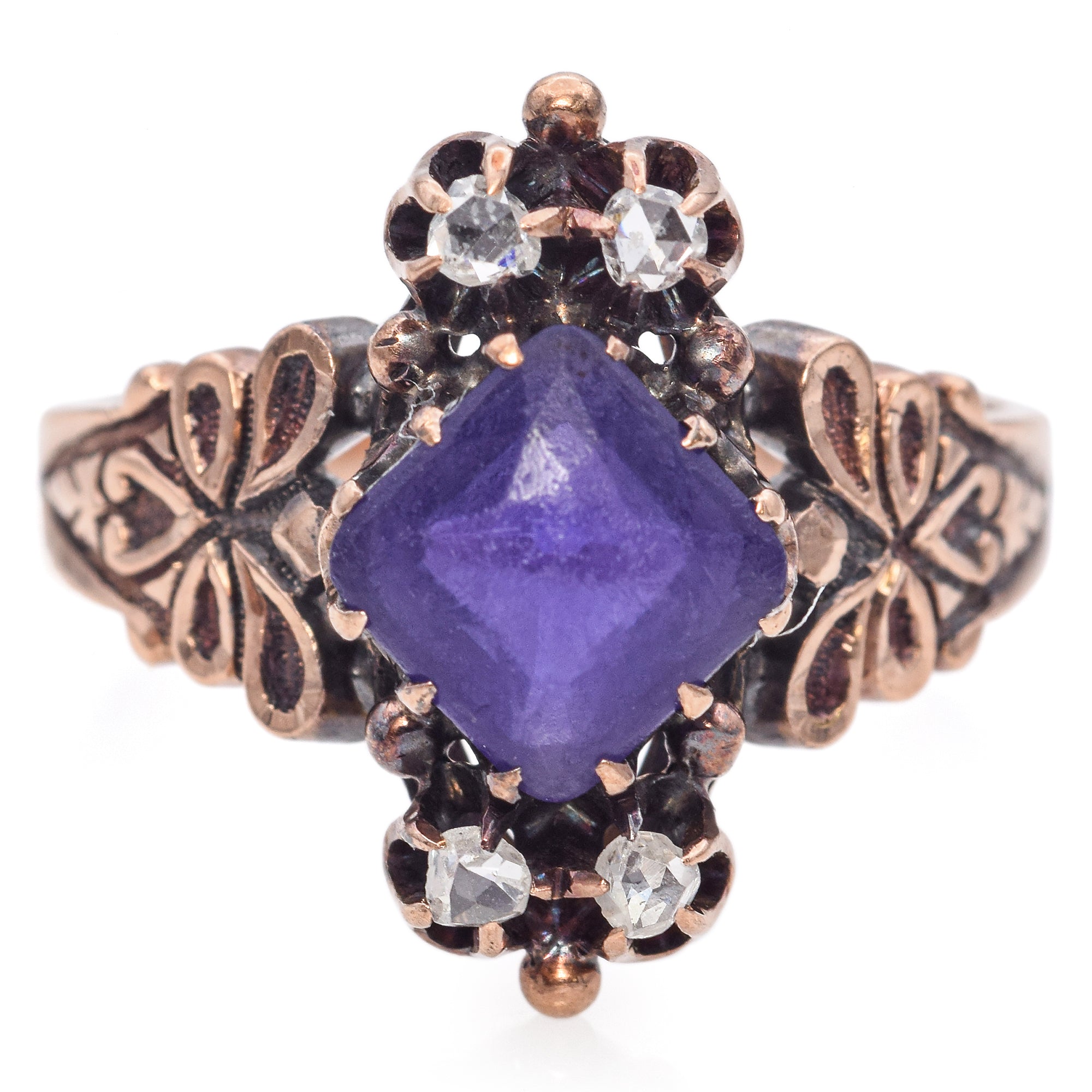 Antique 10K Rose Gold Amethyst and Rose Cut Diamond Band Ring