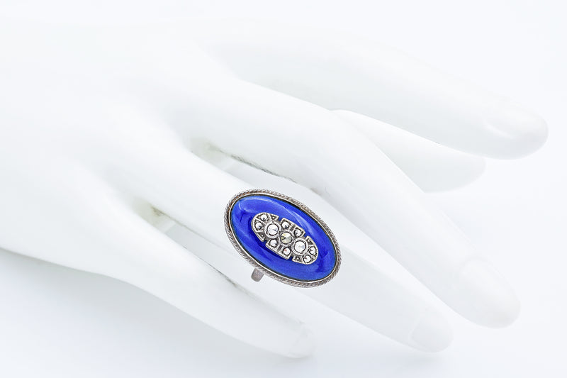 Antique Edwardian Blue Enamel Sterling Silver Marcasite Cocktail Ring Size 4.5