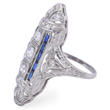 Antique Art Deco Platinum 0.33TCW Diamond & Sapphire Shield Cocktail Ring Sz5.75