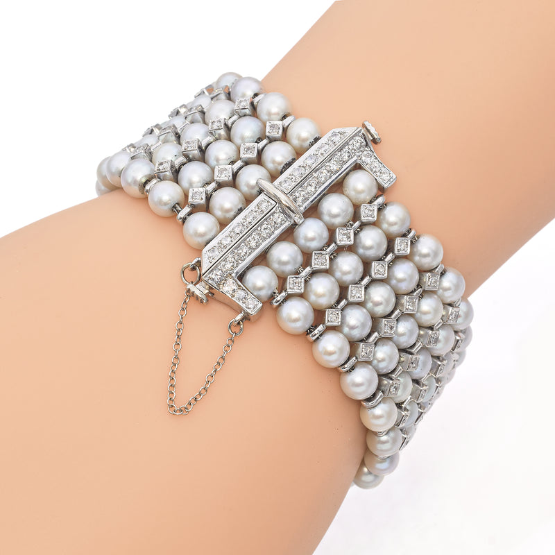 Vintage White Gold 5 Row Pearl and Diamond Bracelet