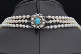 Vintage 14K White Gold Pearl & Turquoise Beaded Multi-Strand Necklace 17.5Inches