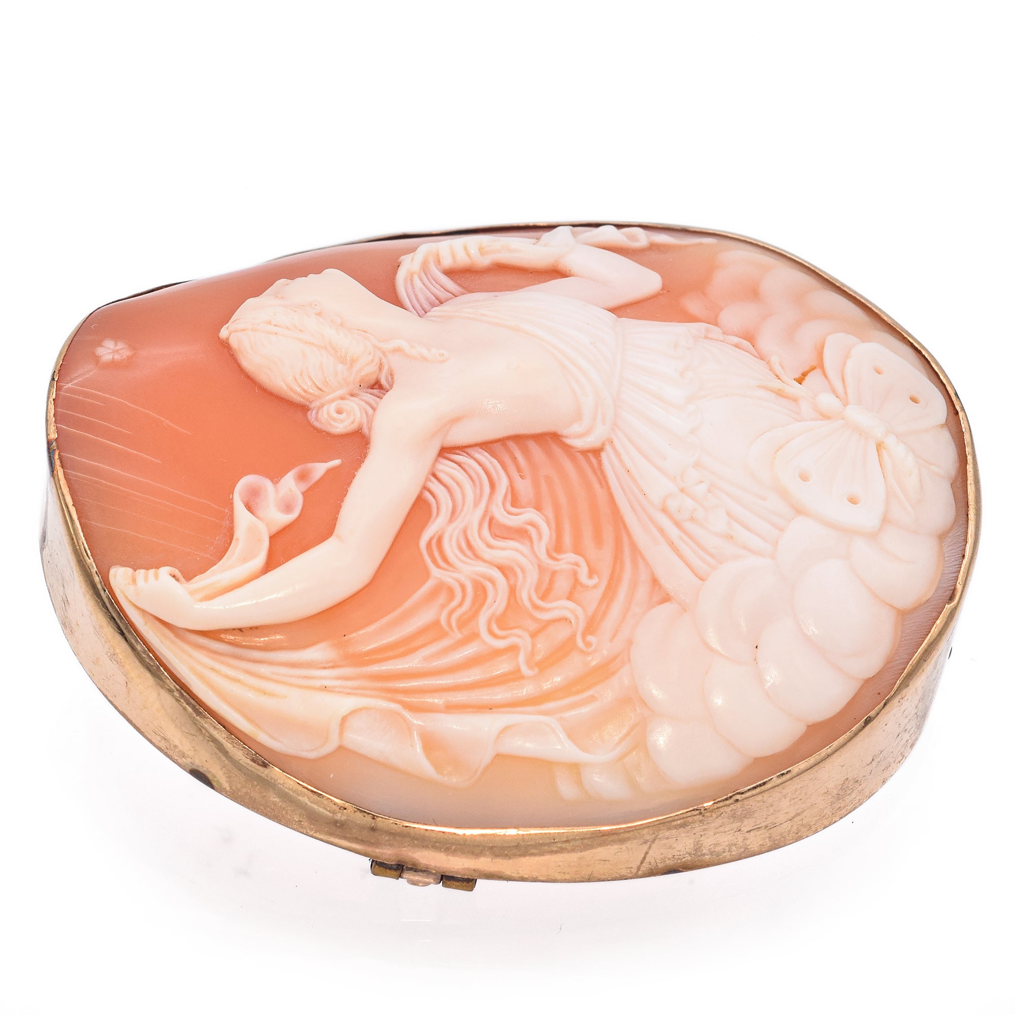 Antique 9K Yellow Gold Cameo Psyche Looking Up To The Heavens Brooch Pendant