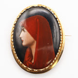 Antique 18K Yellow Gold Porcelain Hand-Painted Portrait of Saint Fabiola Brooch