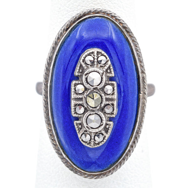 Antique Edwardian Blue Enamel Sterling Silver Marcasite Cocktail Ring Size 4.5