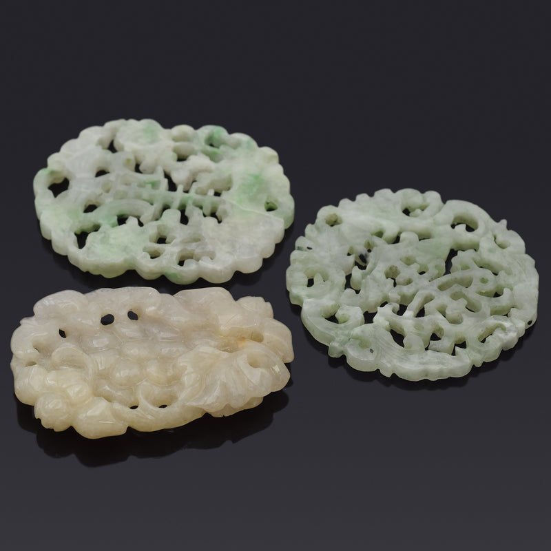 Lot of 3 Vintage Green & Beige Jade Carved Fruit & Openwork Pendants