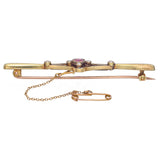 Antique Victorian 14K Yellow & Rose Gold Ruby and Seed Pearl Filigree Bar Brooch