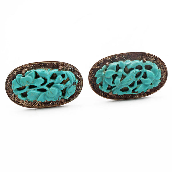 Antique Sterling Silver Carved Turquoise Cuff Links