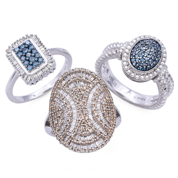 Lot of 3 Estate Sterling Silver 2.58 TCW White & Blue Diamond Cocktail Rings