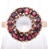 Vintage 14K Yellow Gold Moonstone & Garnet Round Cocktail Ring Size 8