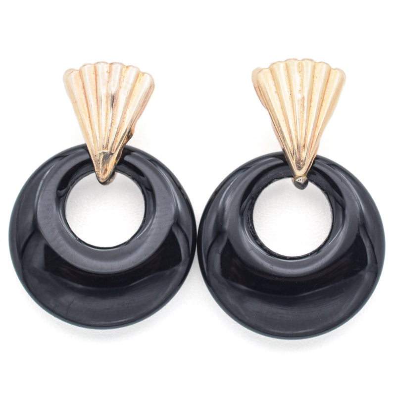 Vintage 14K Yellow Gold Onyx Round Disc Drop Earrings