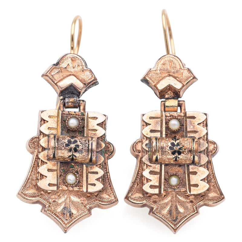 Antique Victorian 8K Rose Gold with 14K Wire Pearl & Black Enamel Earrings