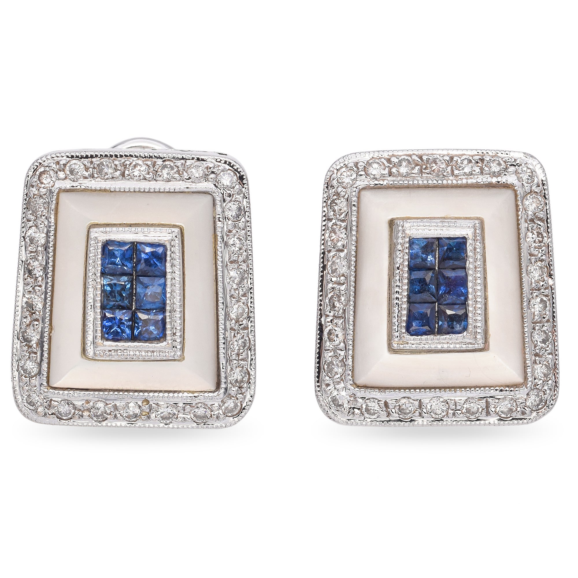 18K White Gold Invisible Set Sapphire, Diamond, Mother of Pearl Earring