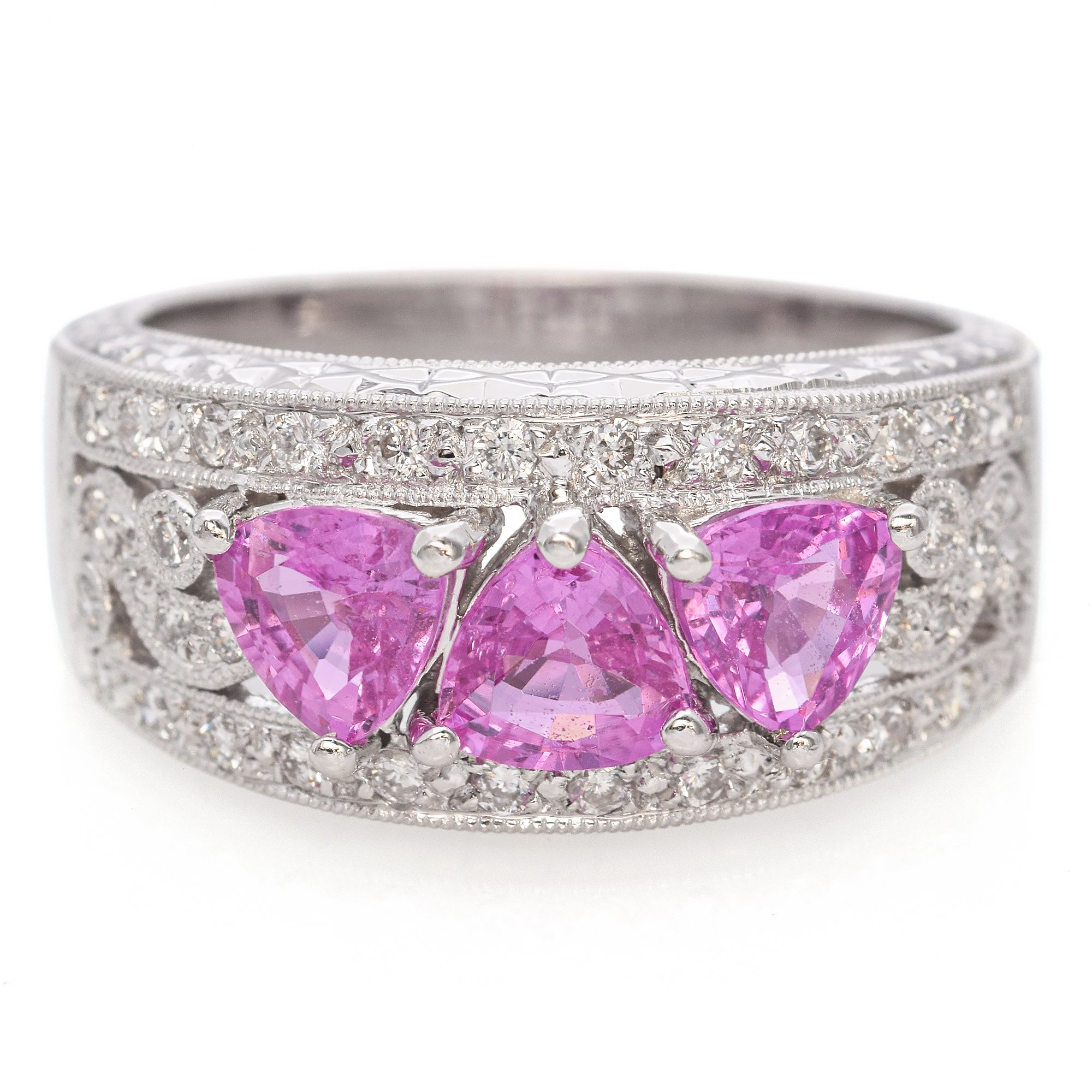 14K White Gold Trillion Cut Pink Sapphire and Diamond Ring