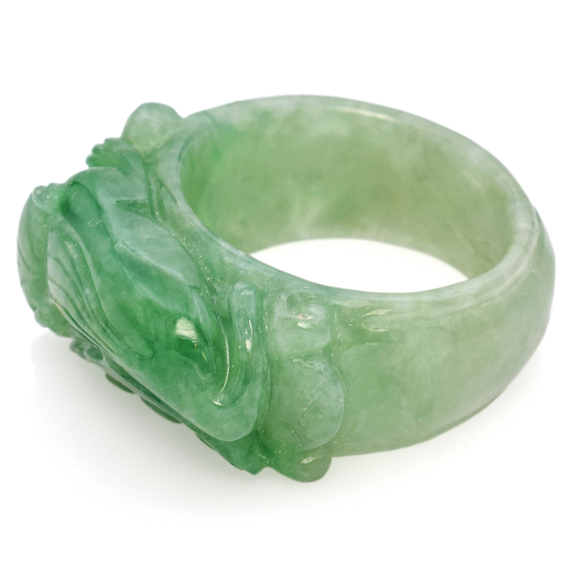 Grade A Translucent Green Jade Carved Saddle Band Ring with Certificate