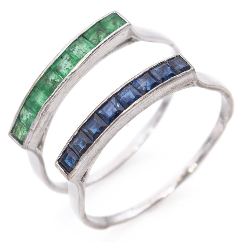 Pair of Vintage 14K White Gold Emerald and Sapphire Stackable Rings