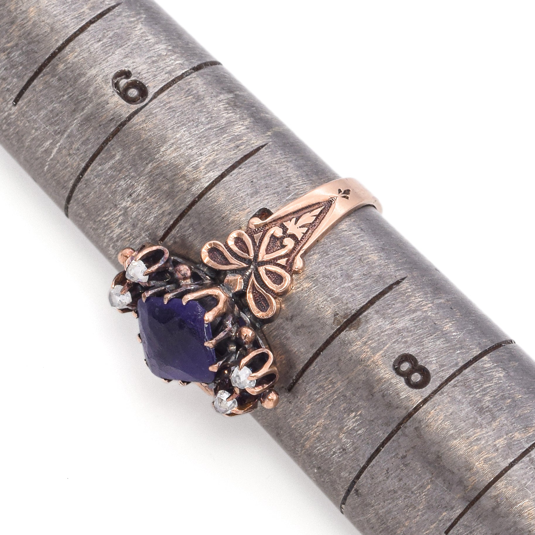 Antique 10K Rose Gold Amethyst and Rose Cut Diamond Band Ring