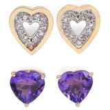 2 Pairs Vintage 14k Yellow Gold Amethyst and Diamond Heart Stud Earrings