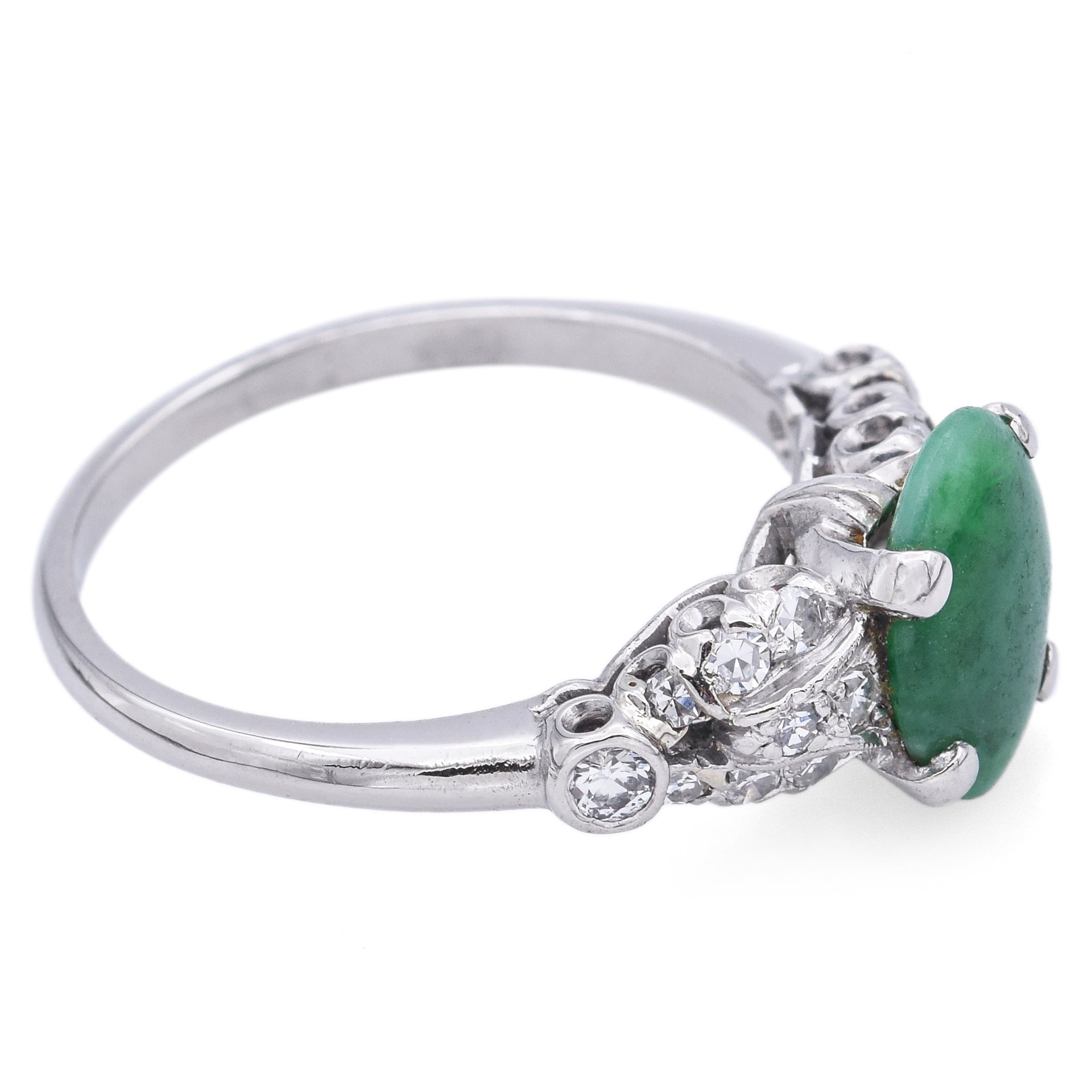 Vintage Granat Platinum 1.35 Ct Green Jade & Diamond Band Ring Size 5