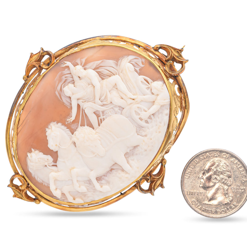 Antique Yellow Gold Cameo Shell The Abduction of Persephone Brooch Pendant