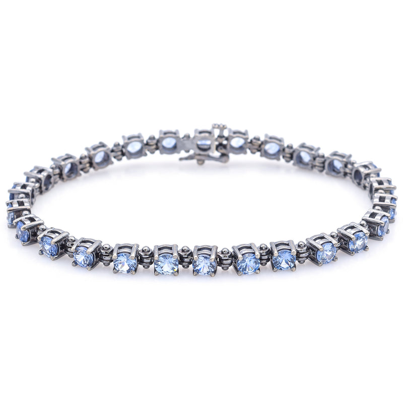 Estate 14K White Gold Black Rhodium Blue Topaz Round Link Tennis Bracelet