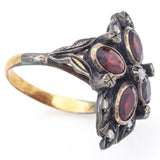 Antique 18K Yellow Gold & Silver Garnet & Diamond Cocktail Ring Size 7.5